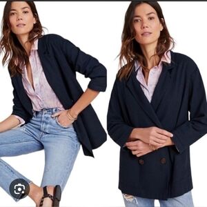 NWOT! Anthro Linen Blend Navy Oversized Double Breasted Women's Summer Blazer S